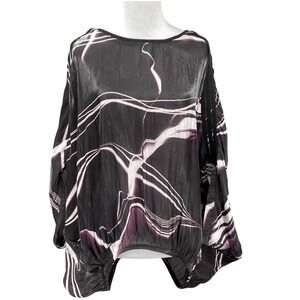Y-3 Yohji Yamamoto Adidas Black White Purple Abstract Print Sheer Batwing Top XS